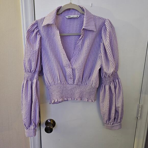 Zara Tops - Zara Purple Gingham Balloon Sleeve Smocked Button Blouse Size Medium Coquette